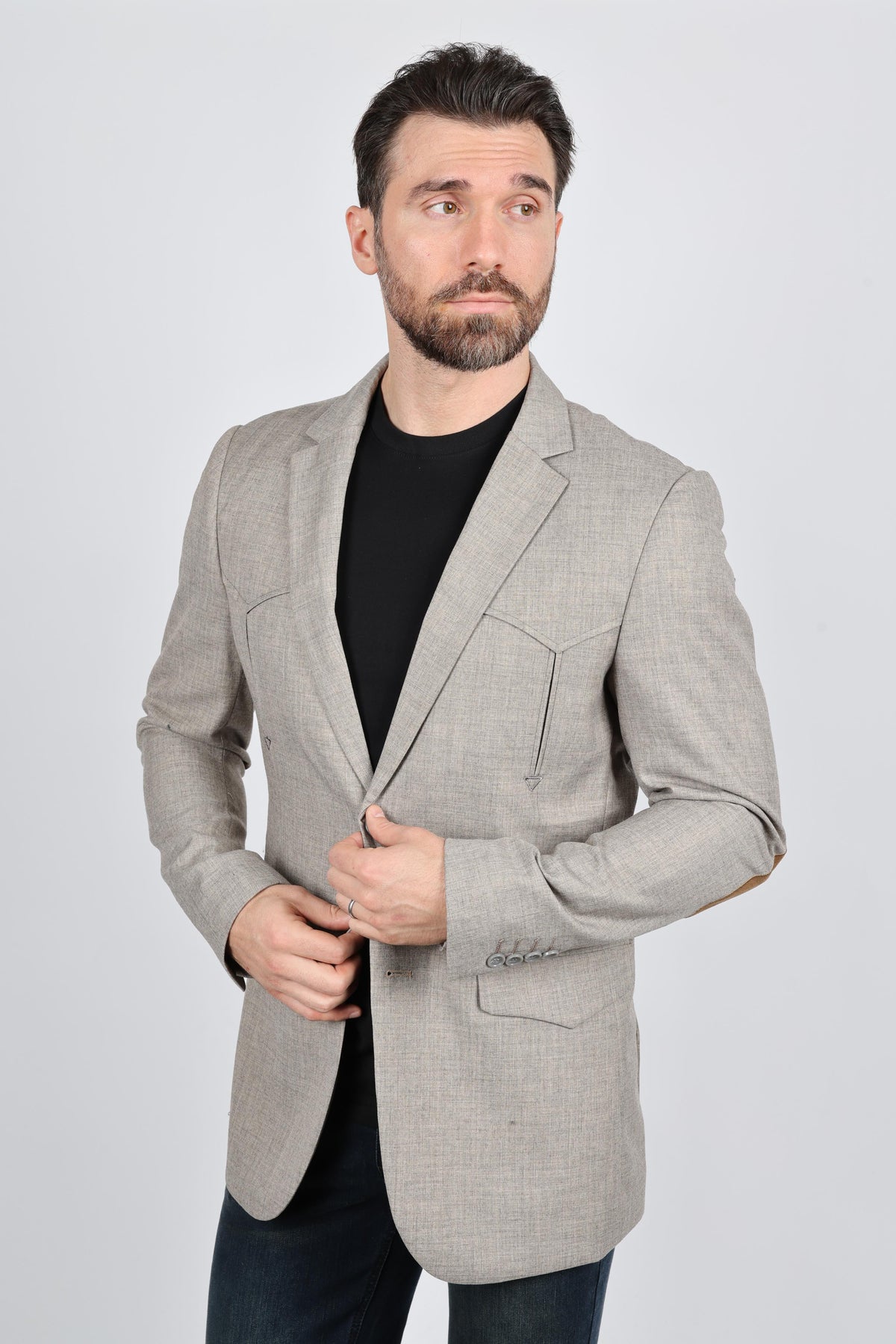 Men’s Heather Beige Cowboy Sport Coat – Classic Elbow Patch Jacket