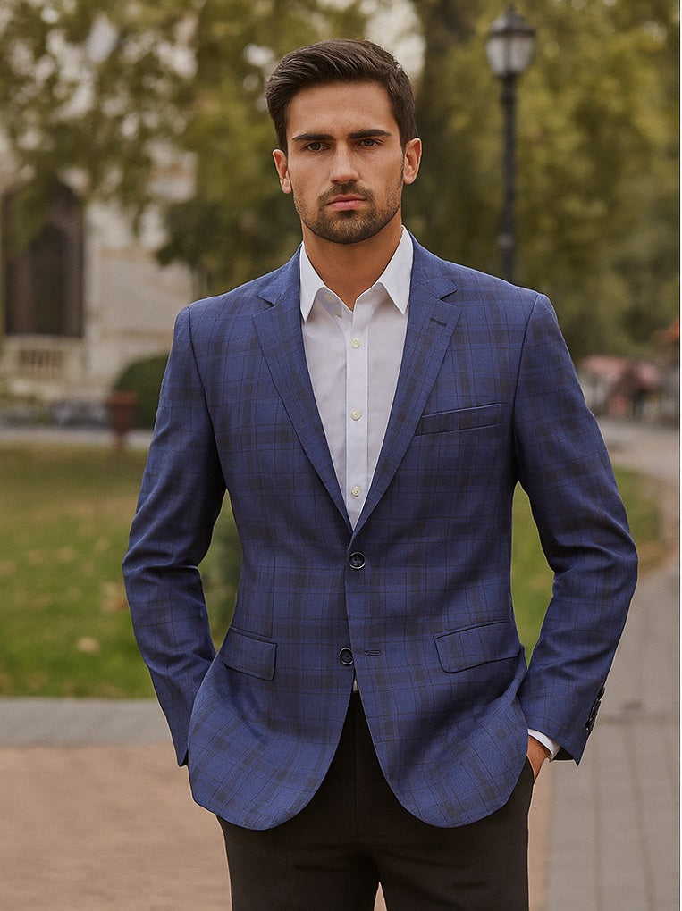 Mens Blue And Black Plaid Sport Coat