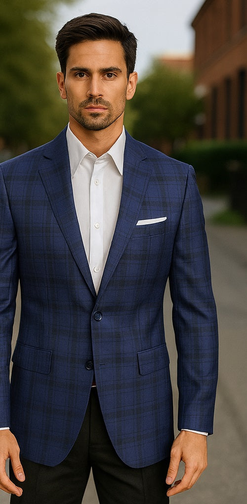 Mens Blue And Black Plaid Sport Coat
