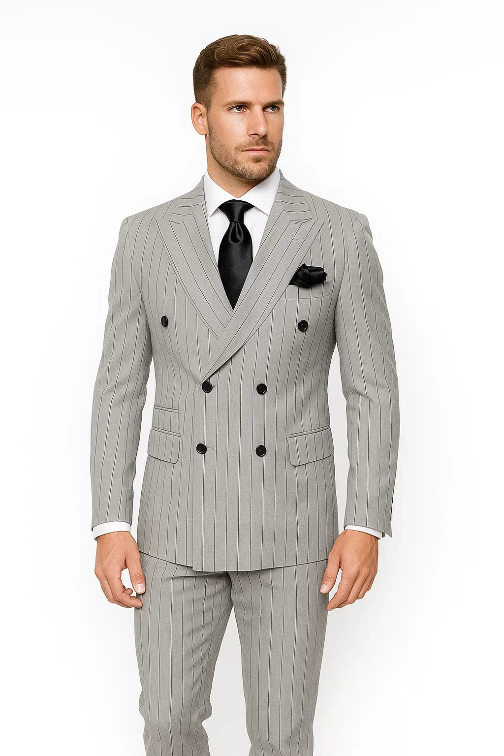 Gray and Black Pinstripe Double Breasted - Modern Fit 1920s Vintage Looking Suit