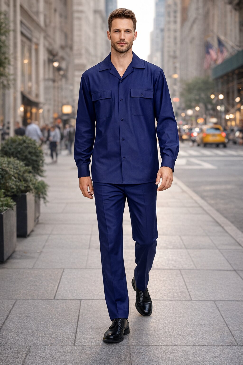Mens Luxury Navy Blue Wool Two-Piece Leisure Walking Suit