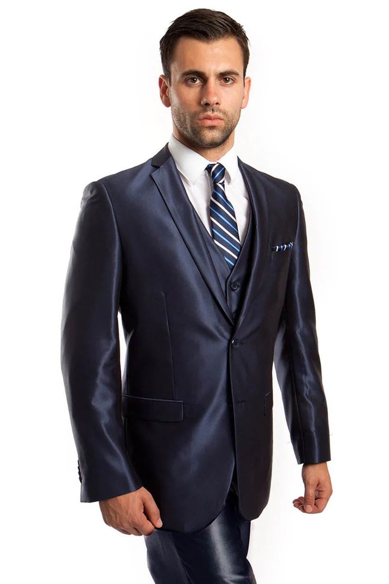 Mens 2 Button Shiny Blazer - Royal Blue Sateen Vested Suit - New Arrival