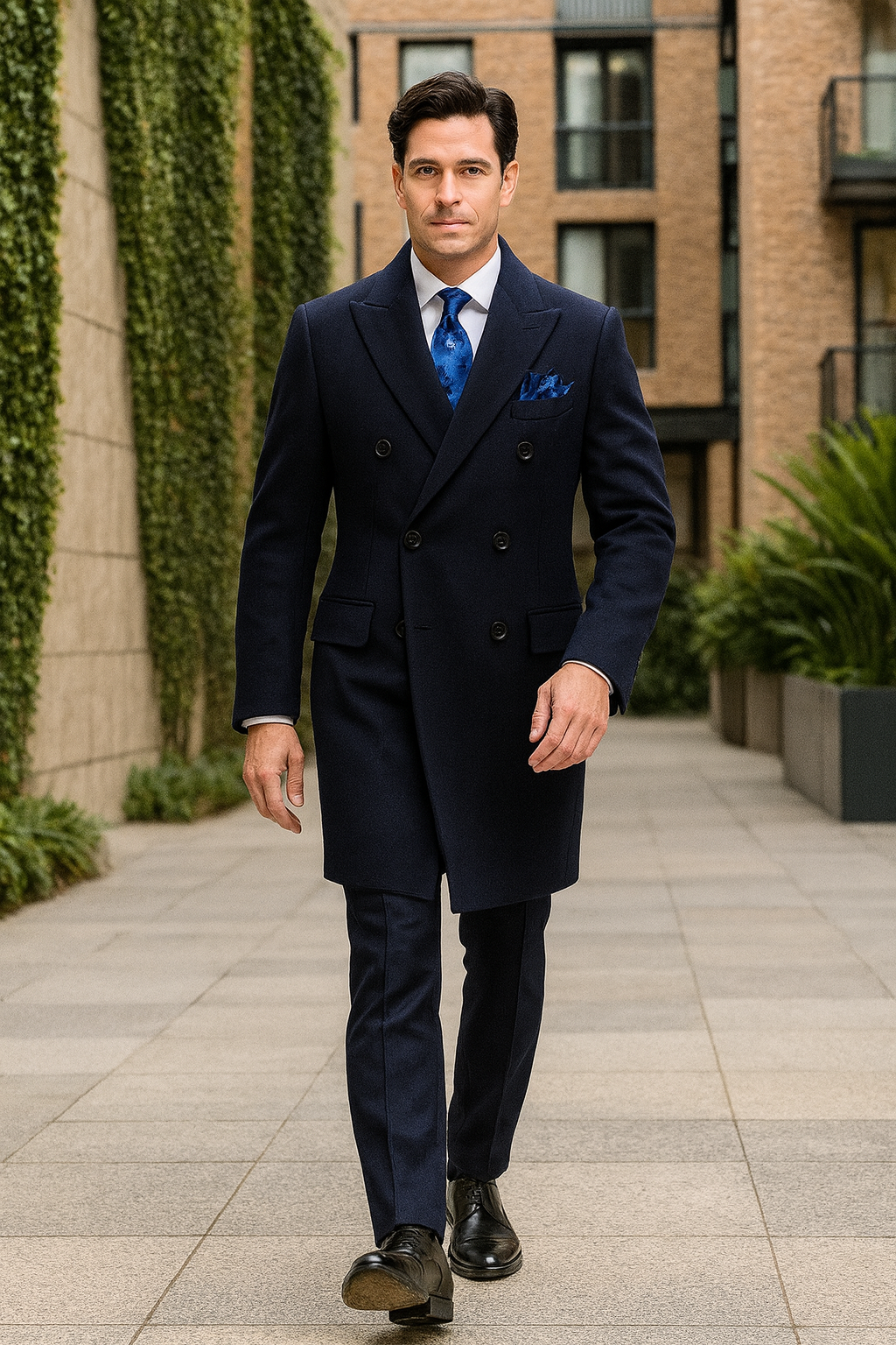 Navy Blue Overcoat - Blue Winter Topcoat - Fabric Double Breasted