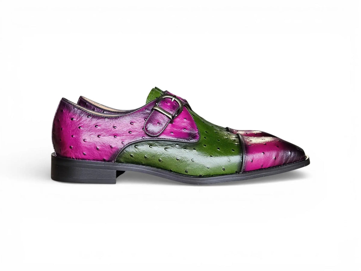 Carrucci Ostrich Embossed Cap Toe Single Monk Strap