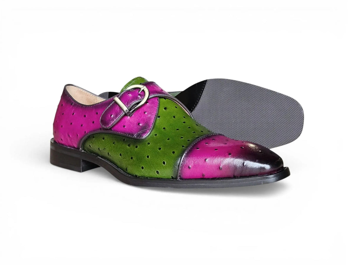 Carrucci Ostrich Embossed Cap Toe Single Monk Strap