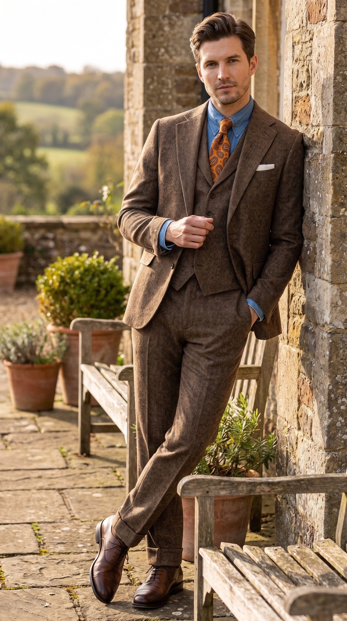 Men’s Brown Great Gatsby Costume Suit, 1920s Vintage Vested Suit Package with Shirt and Tie