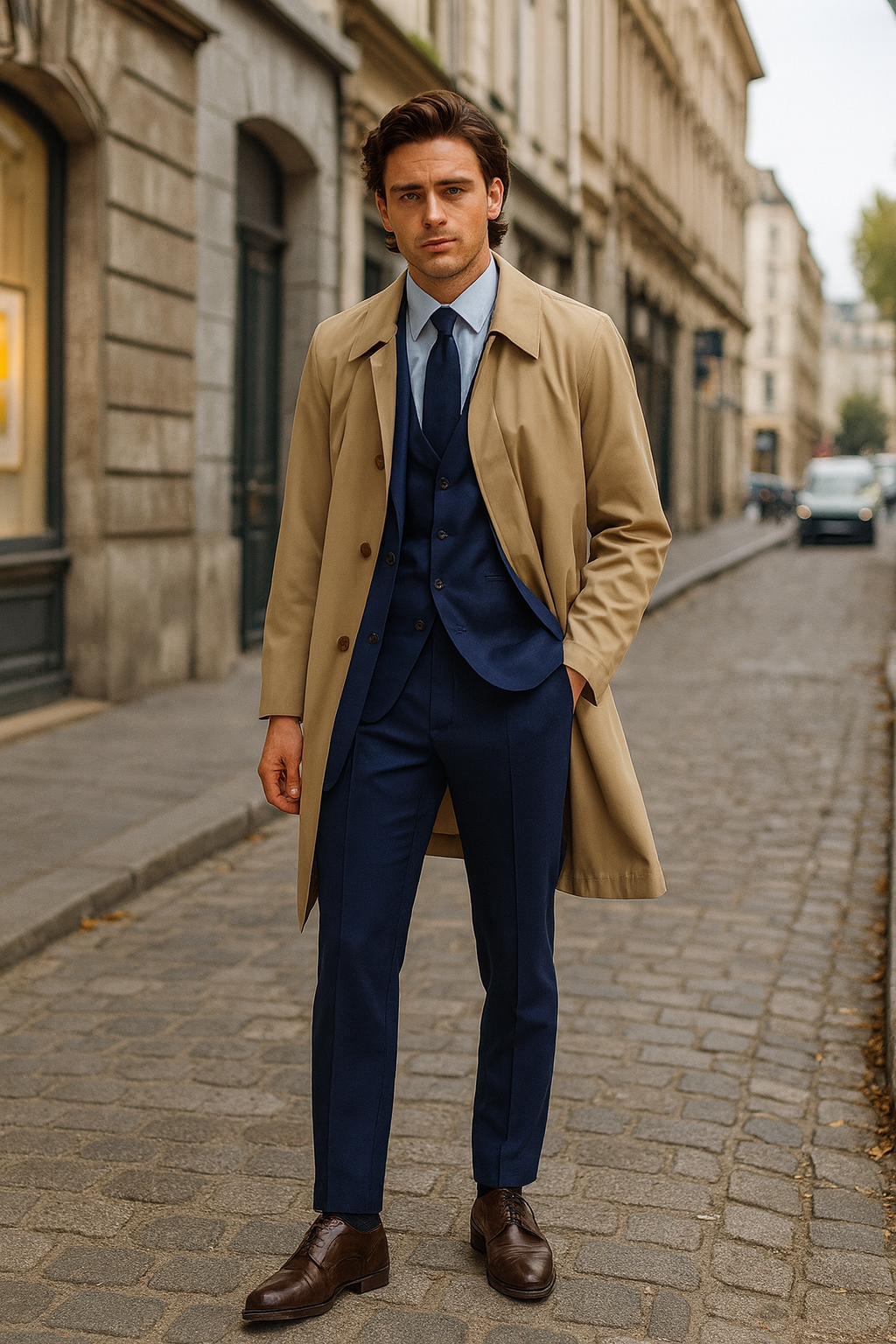 Mens Beige Trench Coat Classic Long Overcoat with Button Front - Raincoat in Khaki Color