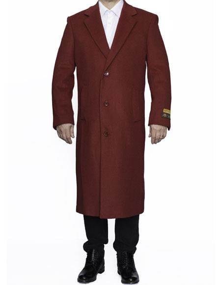 Men's Dress Coat Full Length Wool Dress Top Coat / Overcoat in Burgundy Overcoat