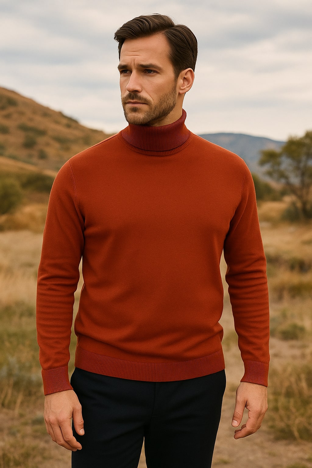 Mens Rust Red Turtleneck Sweater – Slim fit Lightweight Knit Pullover in Brick Color