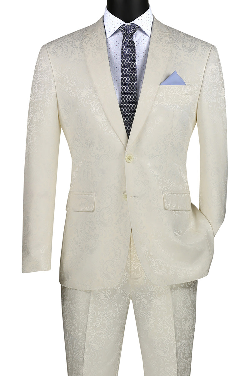 Ivory Tone on Tone Paisley Pattern Slim Fit Men's 2 Piece Suit 2 Button