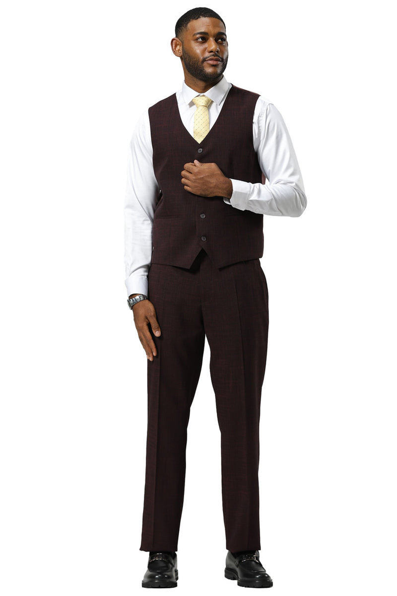 Men's Stacy Adams One Button Peak Lapel Vested Sharkskin Suit in Burgundy