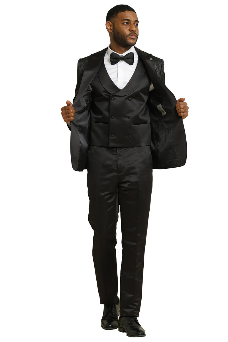 Men's Stacy Adams Shiny Brocade Wedding & Prom Tuxedo with Double Breasted Vest in Black