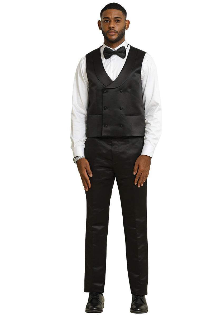 Men's Stacy Adams Shiny Brocade Wedding & Prom Tuxedo with Double Breasted Vest in Black