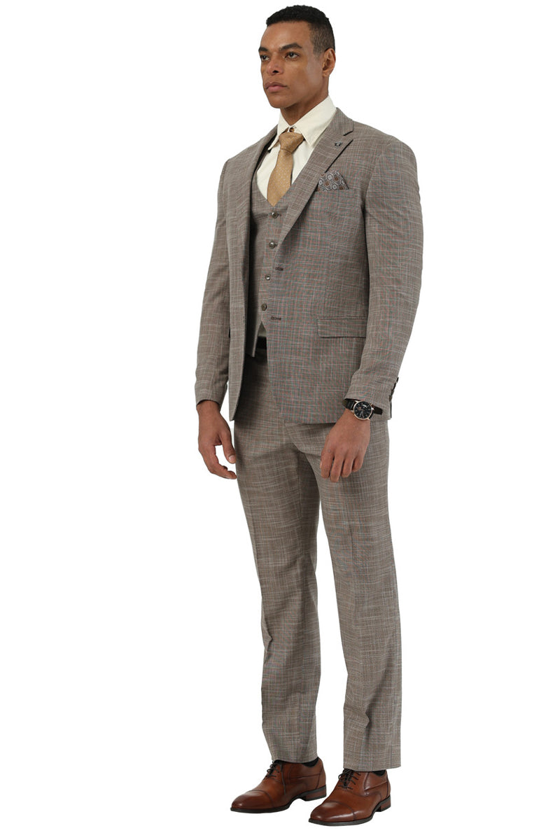 Men's Designer Stacy Adams Vested Suit in Light Brown Sharkskin Weave