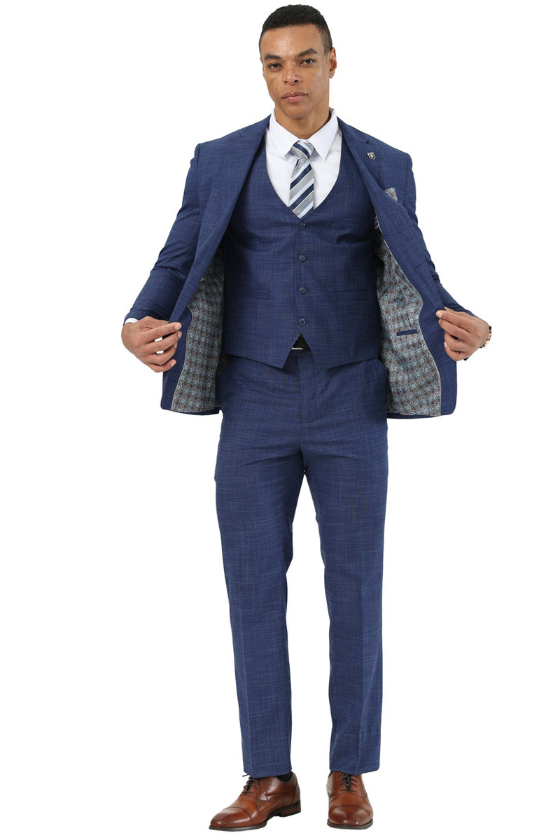 Men's Designer Stacy Adams Vested Suit in Indigo Blue Sharkskin Weave
