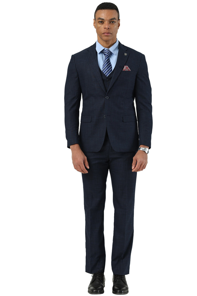 Men's Designer Stacy Adams Vested Suit in Navy Blue Sharkskin Weave