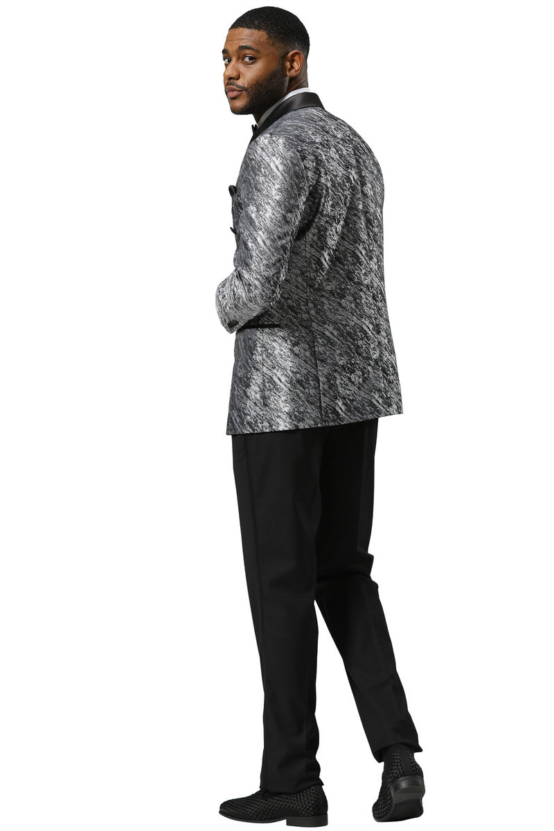 Men's Stacy Adams Double Breasted Wedding & Prom Tuxedo Jacket in Textured Shiny Silver Sharkskin