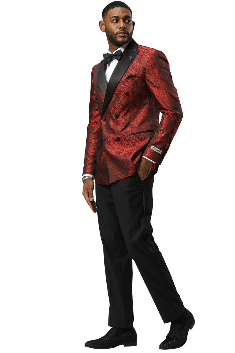 Men's Stacy Adams Double Breasted Wedding & Prom Tuxedo Jacket in Textured Shiny Red Sharkskin