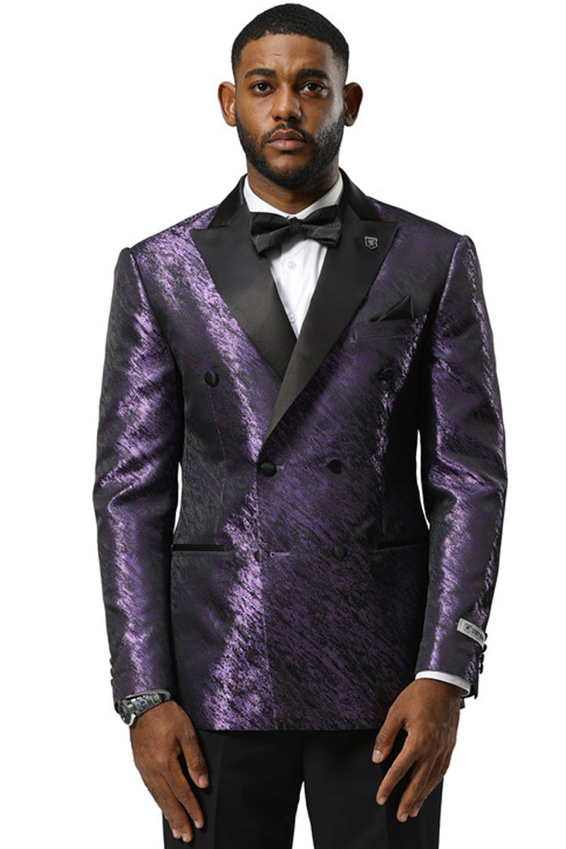 Men's Stacy Adams Double Breasted Wedding & Prom Tuxedo Jacket in Textured Shiny Purple Sharkskin
