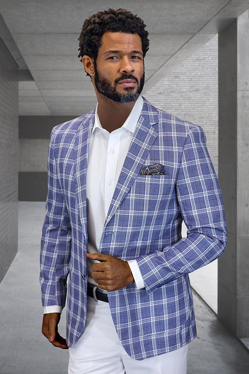 Men's Modern Fit Patch Pocket Designer Wool Summer Blazer in Blue Windowpane Plaid