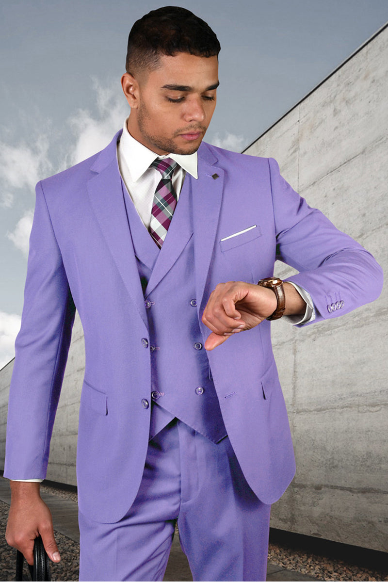 Men's Designer Modern Fit Double Breasted Vest Wool Wedding Suit in Lavender