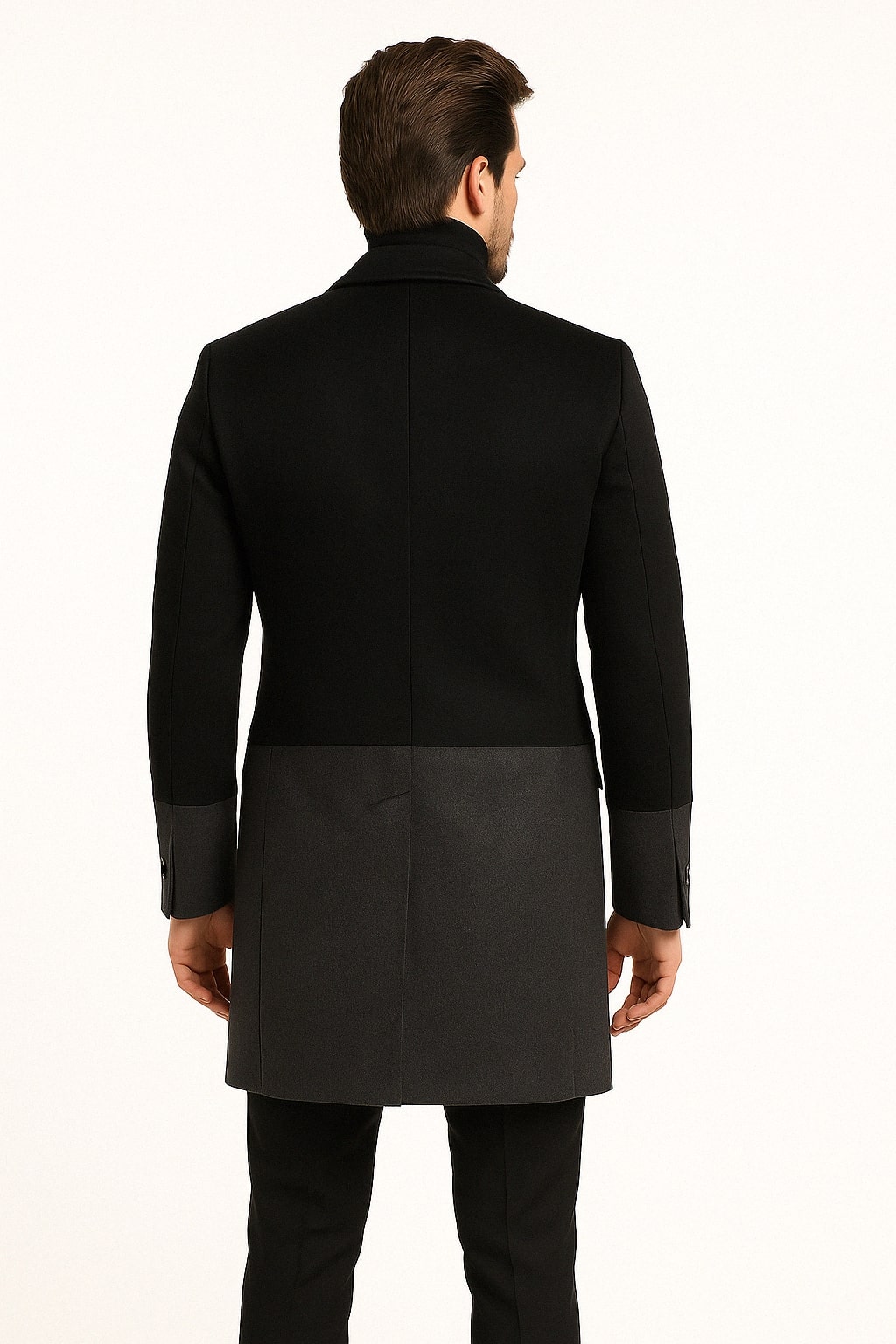 Mens Two-Tone Double-Breasted Overcoat in Black and Charcoal Gray Wool Fabric Topcoat