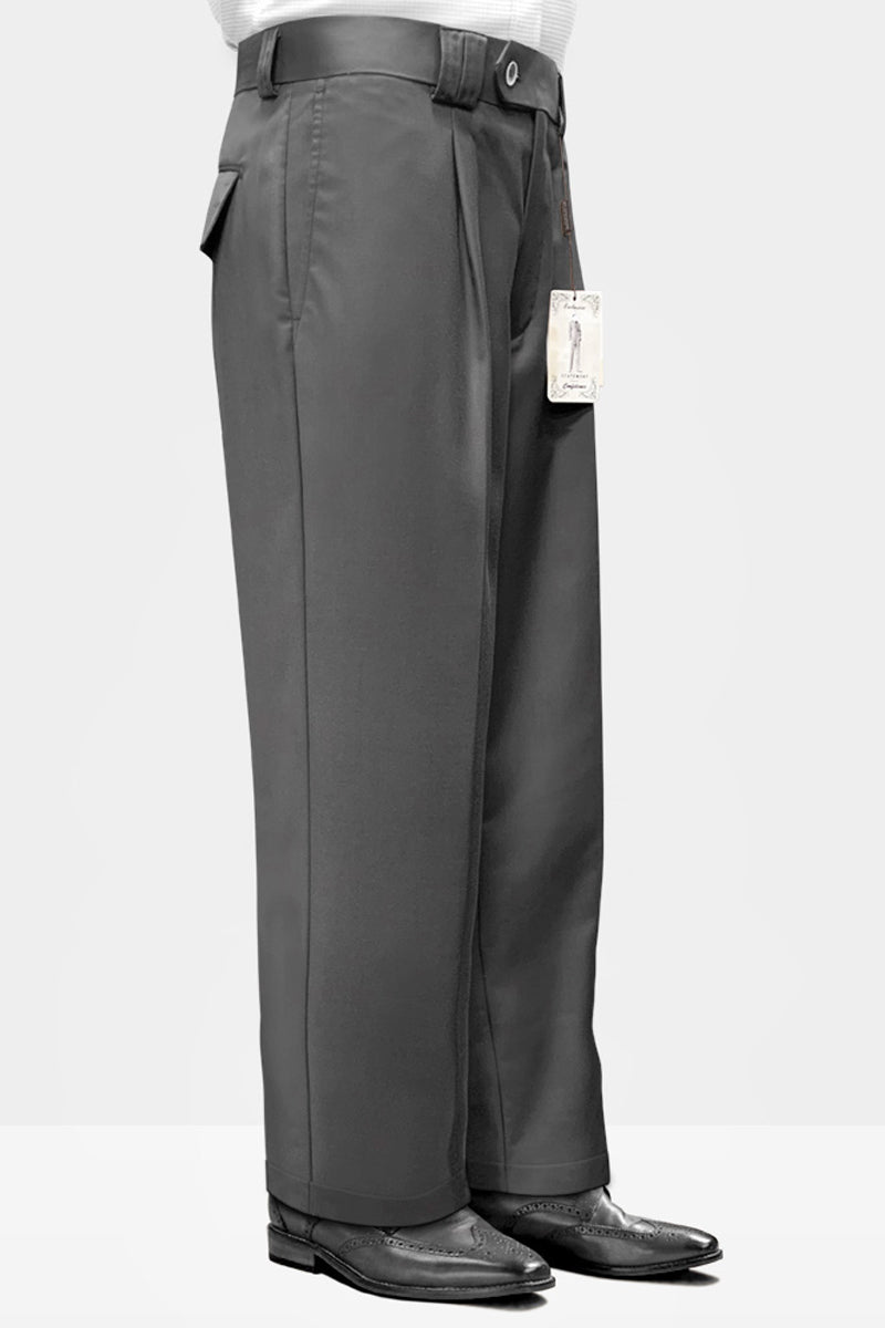 Men's Designer Wool Pleated Wide Leg Dress Pants in Charcoal Grey