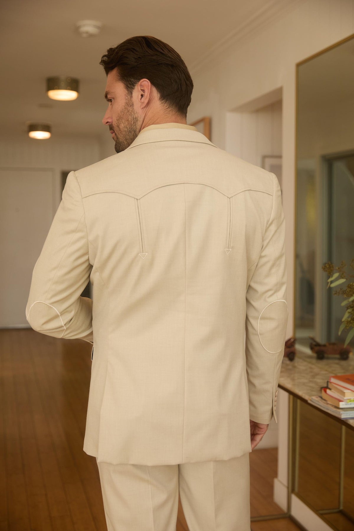 Men’s Beige Western Sport Coat Suit with Suede Elbow Patches