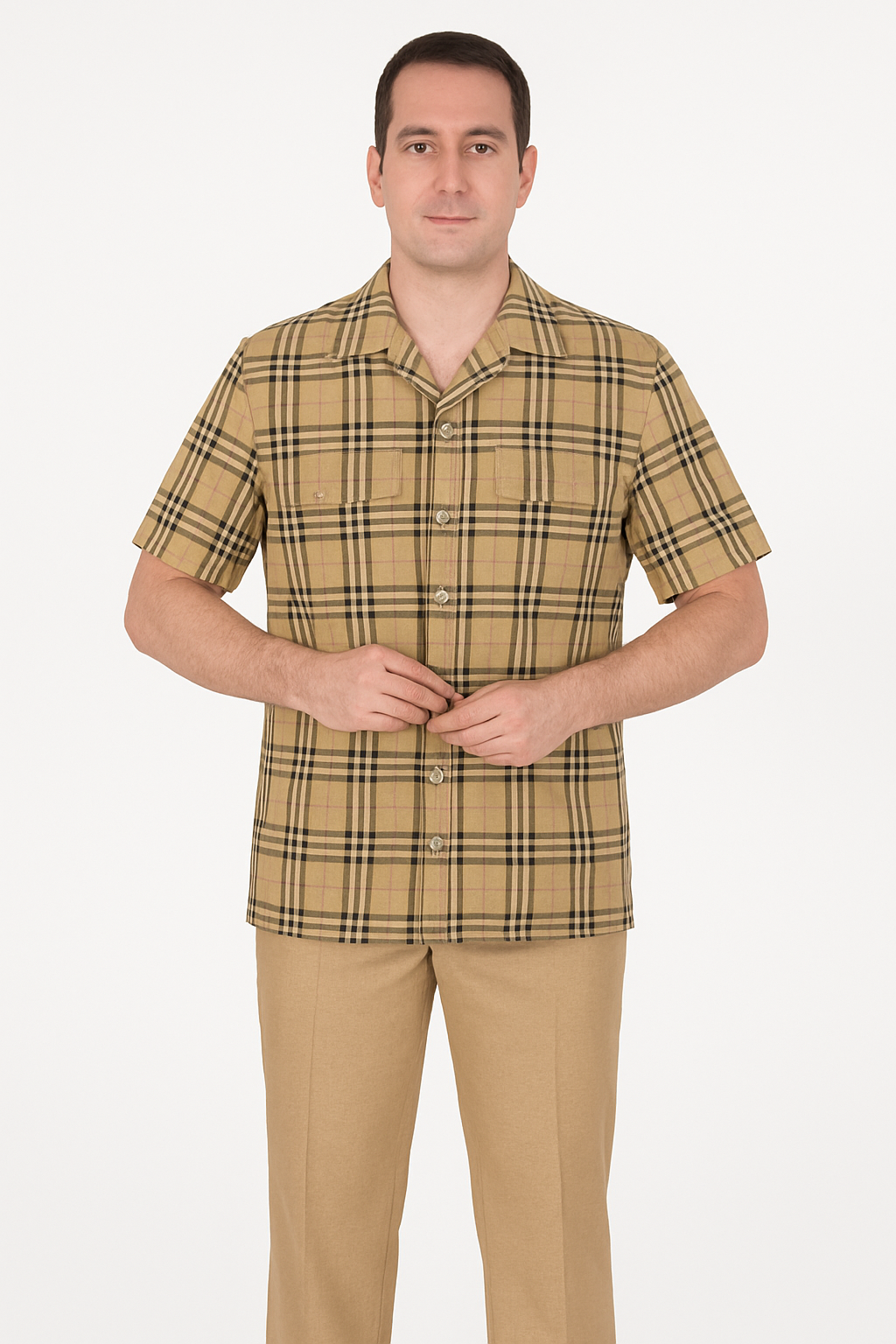 Beige Plaid Button-Up Shirt for Men – Casual to Semi-Formal