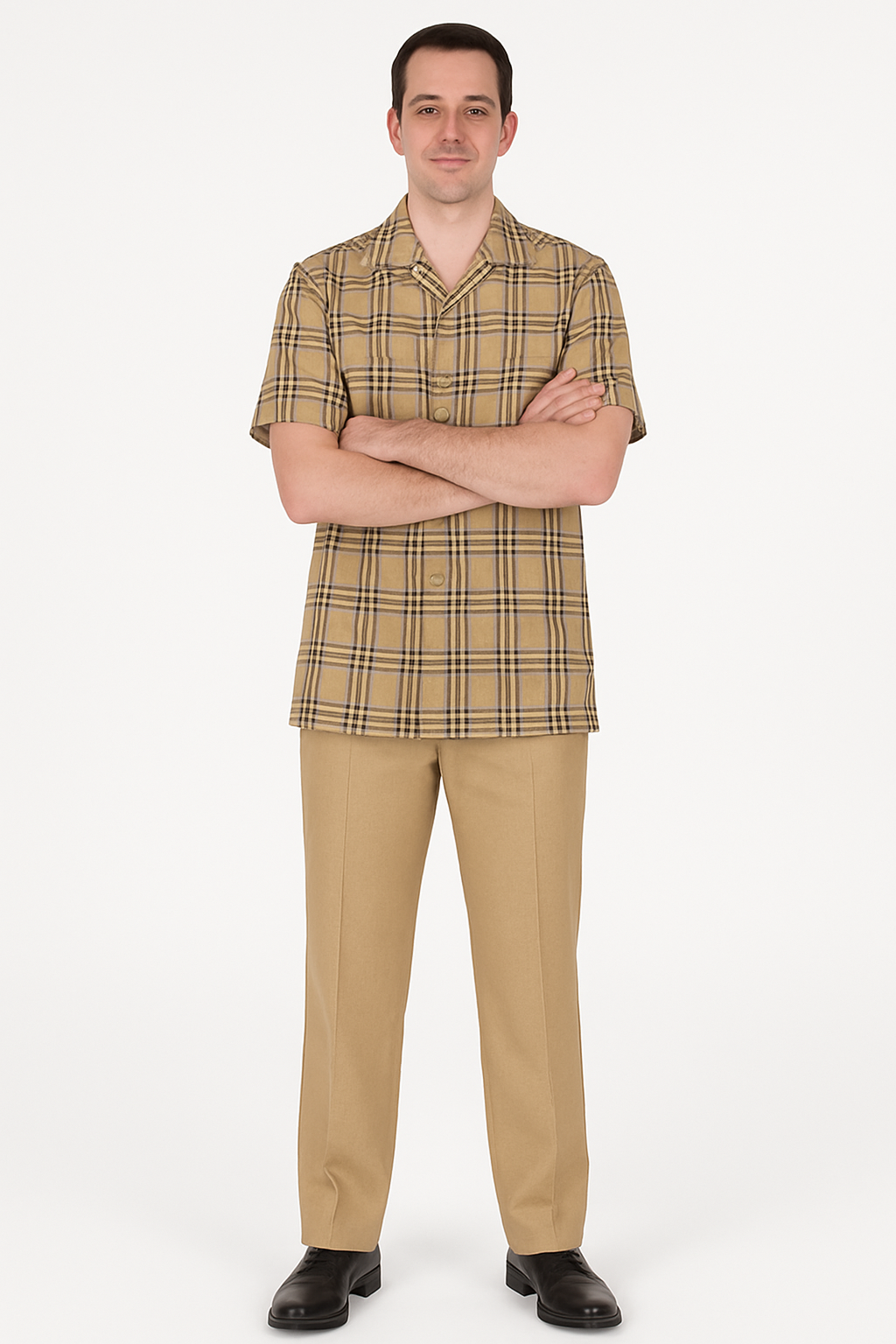 Beige Plaid Button-Up Shirt for Men – Casual to Semi-Formal