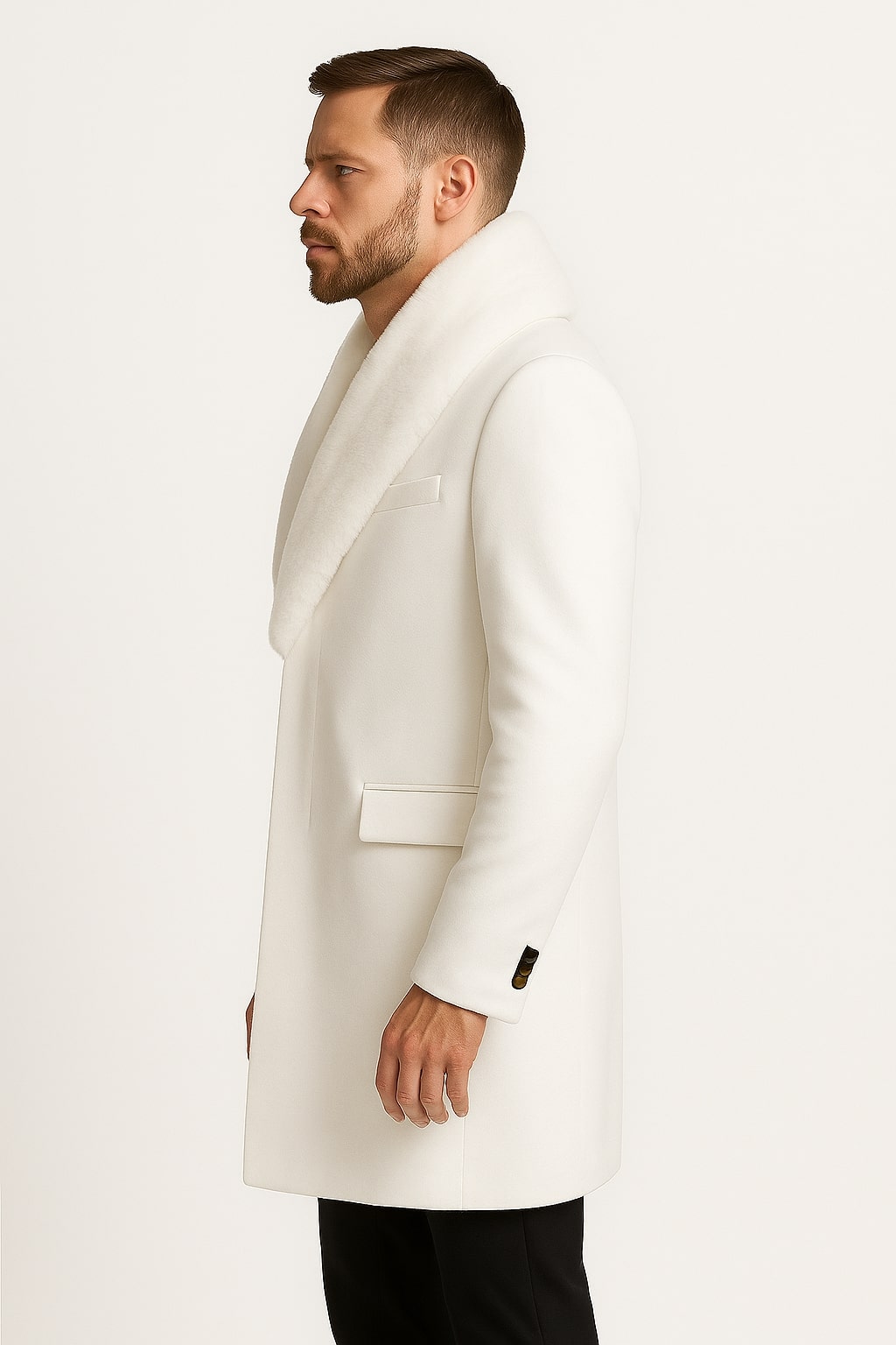 Mens White Wool Overcoat with Plush Faux Fur Shawl Collar – Alberto Nardoni Formal Winter Coat