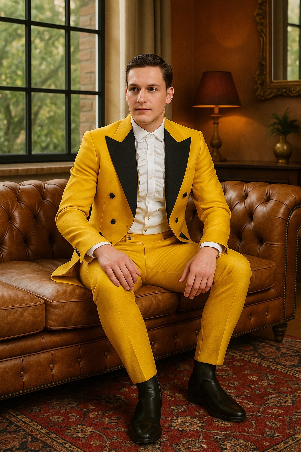 Mens Yellow Tailcoat Tuxedo with Black Lapel and Brocade Detailing Formal Vintage Style Suit
