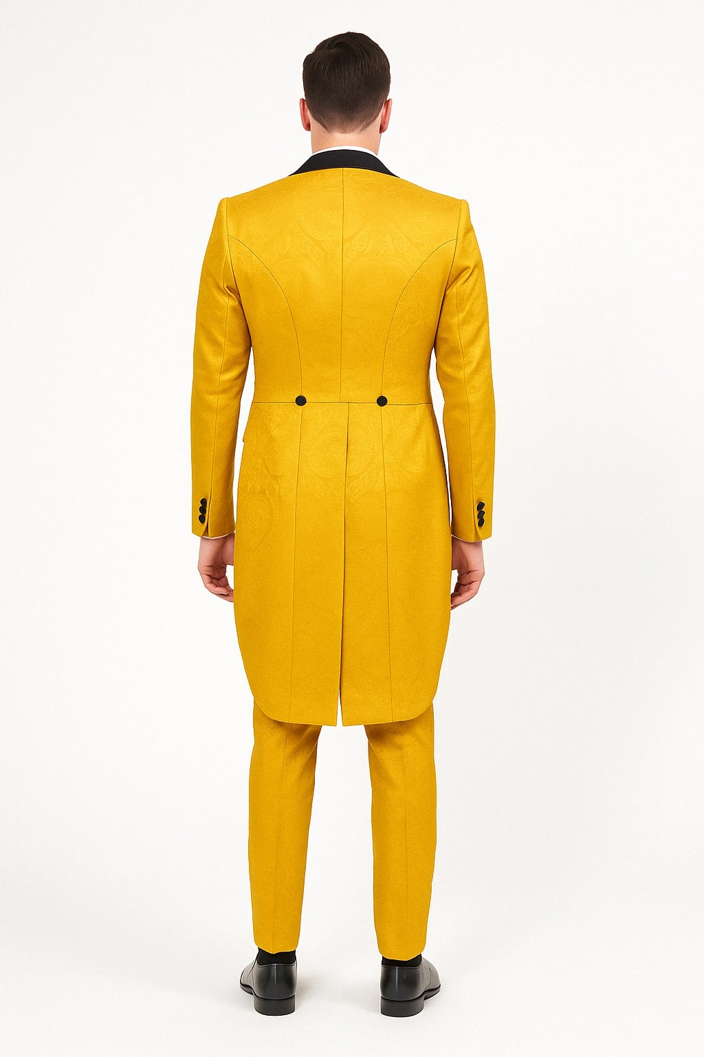 Mens Yellow Tailcoat Tuxedo with Black Lapel and Brocade Detailing Formal Vintage Style Suit