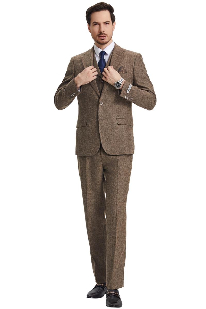 Men's Stacy Adams Vested Vintage Herringbone Tweed Suit in Light Brown