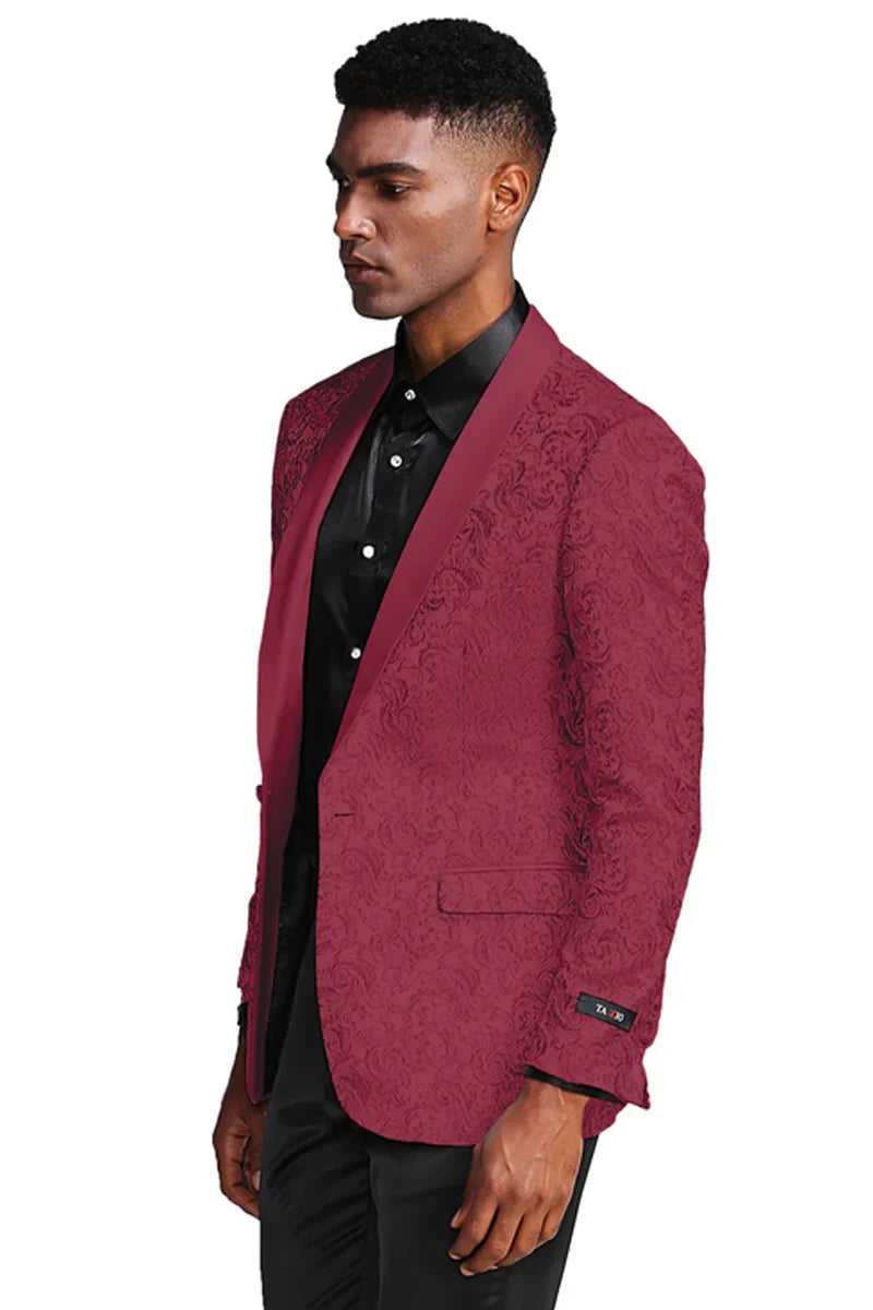 Burgundy paisley slim fit tuxedo jacket – men's wedding & prom blazer with satin shawl lapel