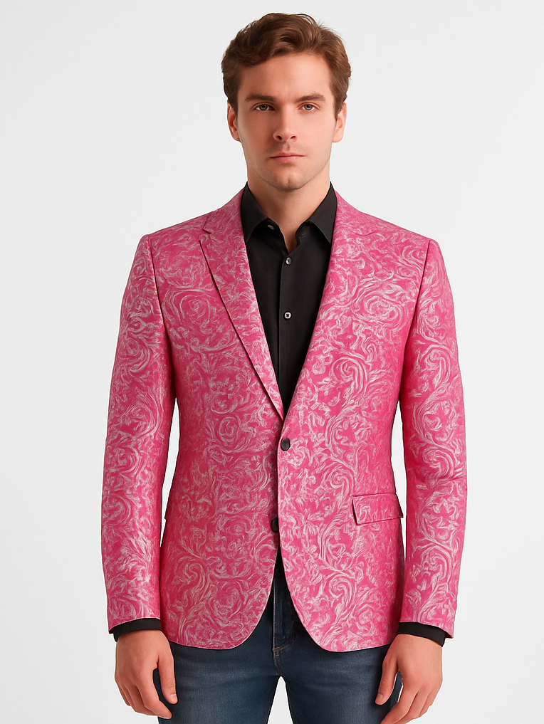 Alberto Nardoni Brand Fashion Men's shiny Fuchsia ~ black lapel blazer fashion pink sportcoat