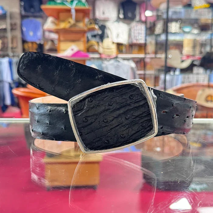 Black Ostrich Belt With Stylish Square Buckle