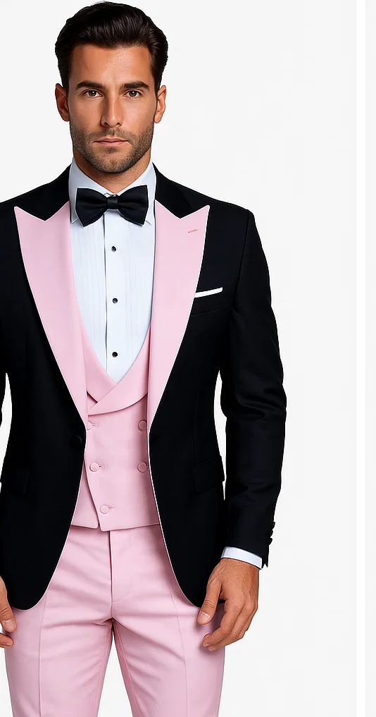 Black And Pink suit - Tuxedo Looking With Double Breasted Vest Peak Lapel 100% Wool