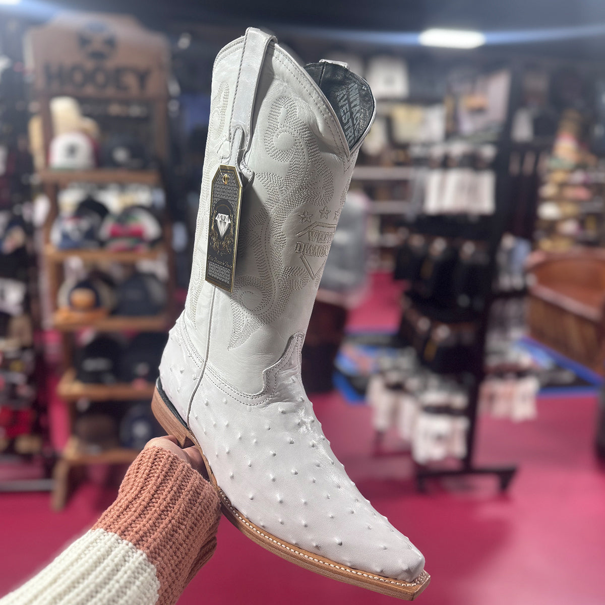 Mens White Diamond Boot White Ostrich Print Western Boots Pointy Toe Pointed Toe