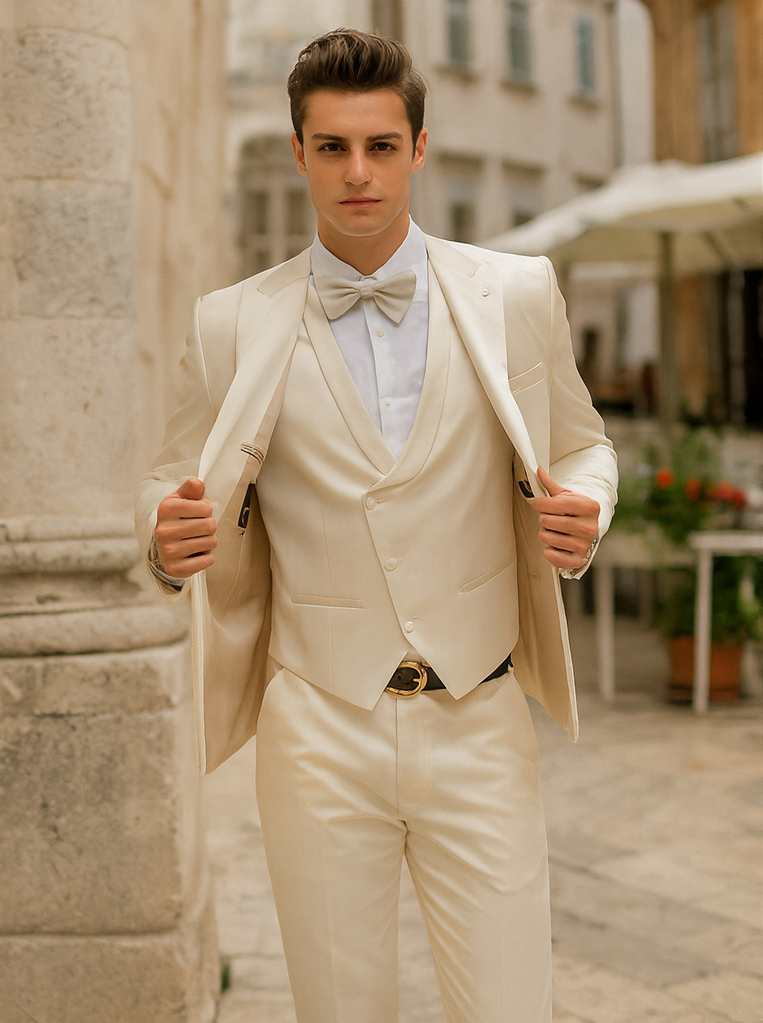 Champagne Satin Tuxedo Set – 4-Piece Look for Weddings & Proms