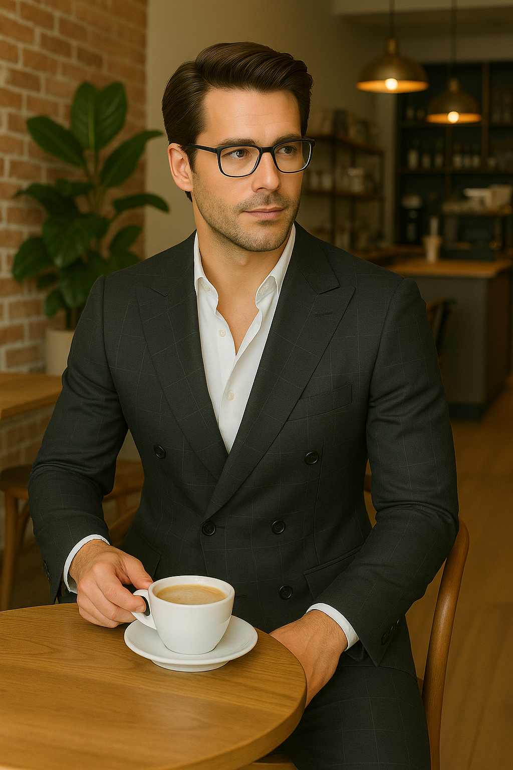 Wool Suit - Italian Made Business Suit by Statement Men's 100% Wool 2 Piece Double Breasted Suit - Subtle Windowpane