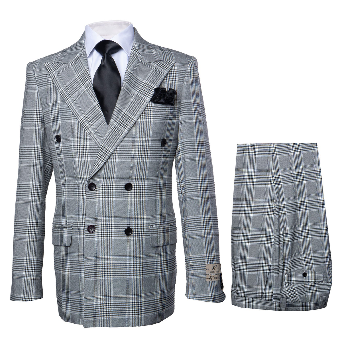 Suits With Baggy Pleated Pants - Wide Leg Pants 100% Wool - Classic Fit in Black and White Plaid Color by Rossiman