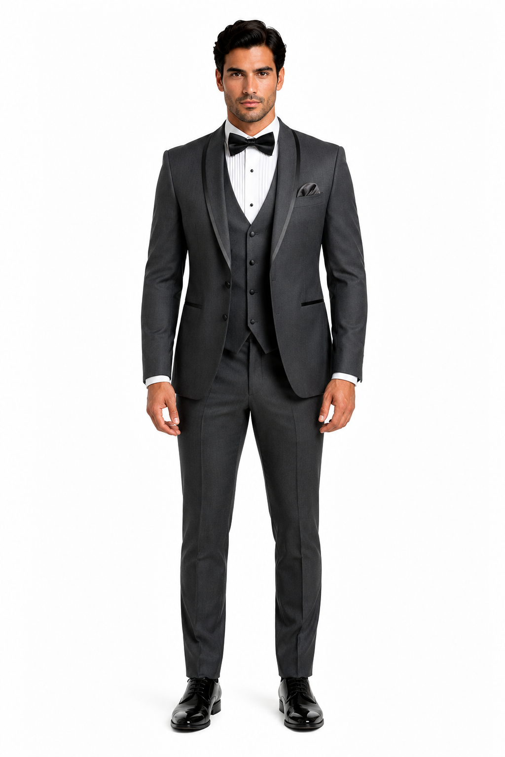 Classic Mens Vested Tuxedo in Charcoal – Satin Shawl Collar for Formal Events