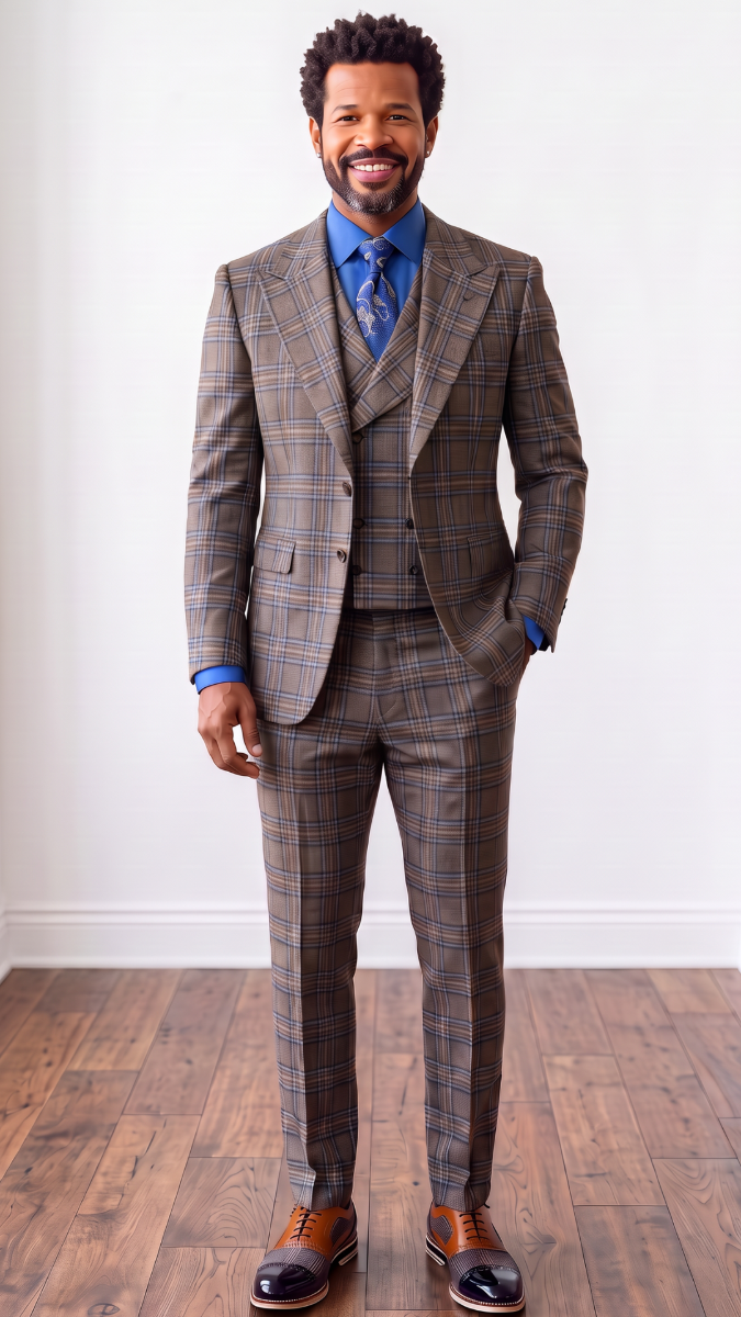 Statement Men's 3-Piece 100% Wool Tailored Fit Plaid Suit - Double Breasted Vest