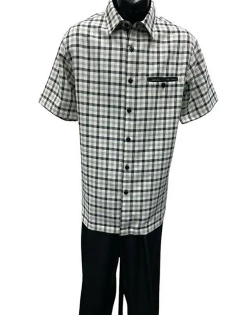 Dreams Men's Black/Off White Plaid 2 Piece Short Sleeve Walking Suit Chico 283-00