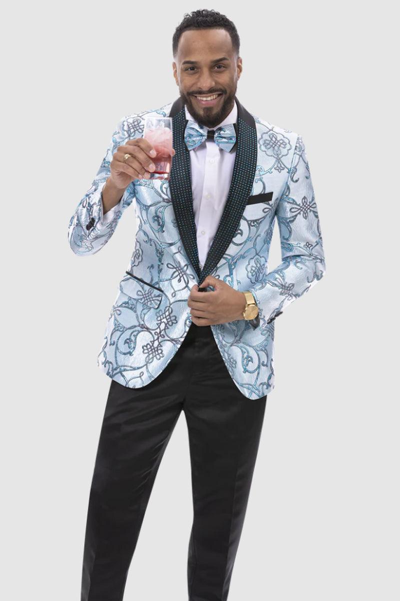 EJ Samuel Aqua Blue Wide Brocade Prom Tuxedo Jacket