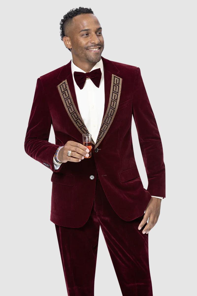 EJ Samuel Men's Burgundy Modern Fit Velvet Tuxedo with Gold Sequin Lapel