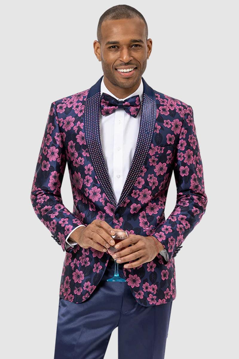 "EJ Samuel Men's Navy Floral Studded Tuxedo Blazer"