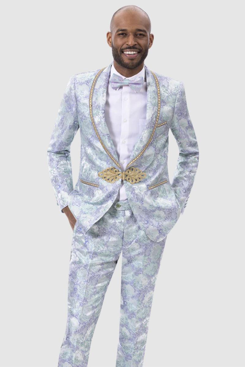 EJ Samuel Men's Slim-Fit Blue Paisley Tuxedo with Gold Trim