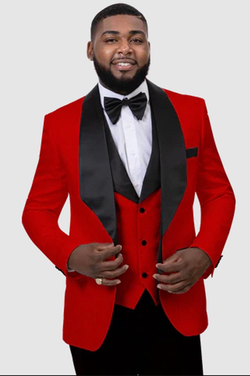 EJ Samuel Red Paisley Shawl Vested Tuxedo - Perfect for Weddings & Proms
